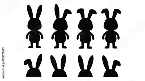 Eight silhouetted bunnies in various poses Vector