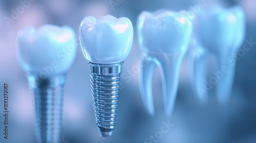 3D Illustration of Dental Implants and Natural Molar Teeth Showing Restoration Process on Blue Background