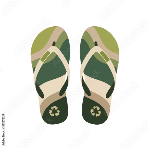 Vector illustration of green and beige flip flops with a recycling symbol on the heel against a white background.