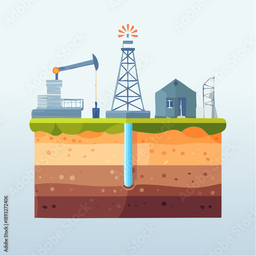 Flat Vector Illustration of Oil Extraction Process