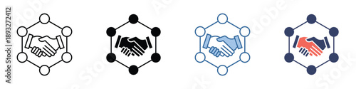 Abstract concept icon set representing a strong business partnership and collaborative network connection with a handshake symbol in various styles