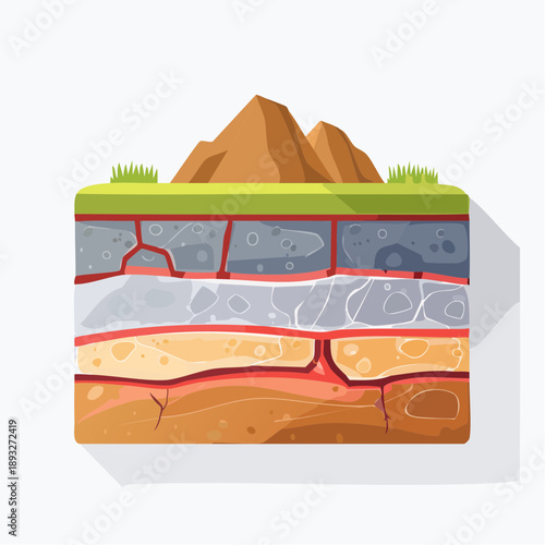 Cross section of Earth Layers with Mountains and Green Grass