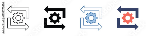 Vector icon set depicting a configurable system process, featuring a central gear and cyclical arrows for automation, settings, and efficient workflow management