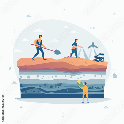 Illustration of Archeologists Studying Stratigraphy and Geological Layers