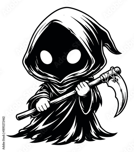 Line art illustration of a chibi grim reaper holding a scythe for halloween celebrations