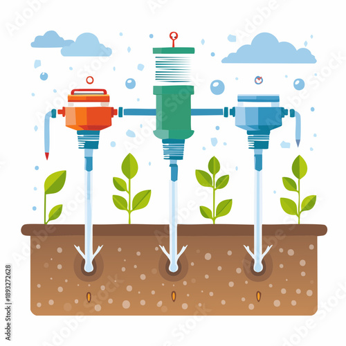 Flat Vector Illustration of an Automatic Irrigation System in Use