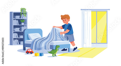 Independent little boy making his bed in a bright bedroom, modern flat vector showing good habits, responsibility, and a positive daily routine at home