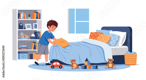 Independent little boy making his bed in a bright bedroom, modern flat vector showing good habits, responsibility, and a positive daily routine at home