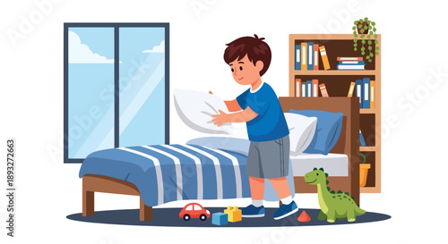 Independent little boy making his bed in a bright bedroom, modern flat vector showing good habits, responsibility, and a positive daily routine at home