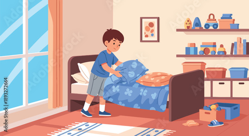 Independent little boy making his bed in a bright bedroom, modern flat vector showing good habits, responsibility, and a positive daily routine at home