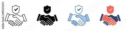 Secure business partnership agreement icon set showcasing trust, protection, and verified deal completion for reliable service and insured transactions and cooperation