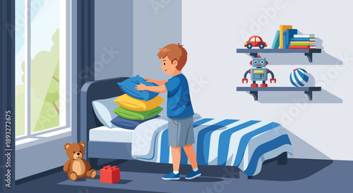 Independent little boy making his bed in a bright bedroom, modern flat vector showing good habits, responsibility, and a positive daily routine at home