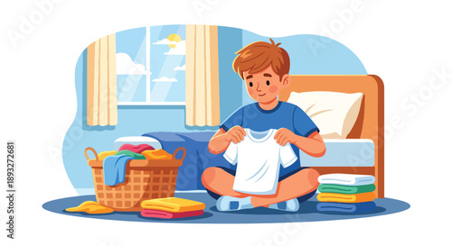 Independent little boy folding clean clothes on his bed, modern flat vector illustrating good habits, self-reliance, and tidy home routine