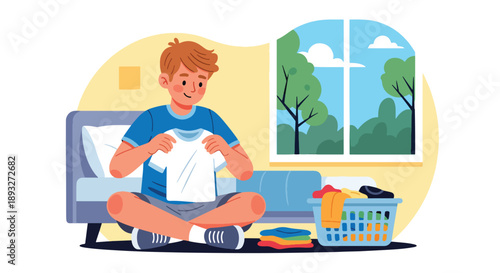 Independent little boy folding clean clothes on his bed, modern flat vector illustrating good habits, self-reliance, and tidy home routine