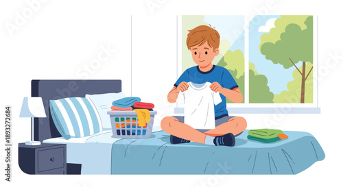 Independent little boy folding clean clothes on his bed, modern flat vector illustrating good habits, self-reliance, and tidy home routine