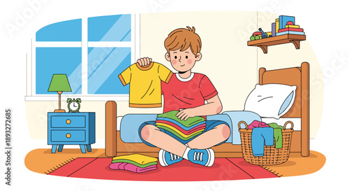 Independent little boy folding clean clothes on his bed, modern flat vector illustrating good habits, self-reliance, and tidy home routine