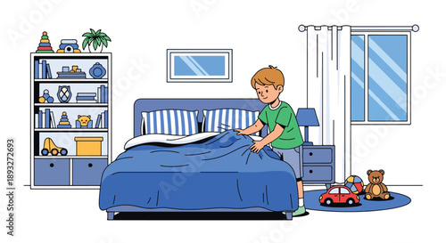 Independent little boy making his bed in a bright bedroom, modern flat vector showing good habits, responsibility, and a positive daily routine at home