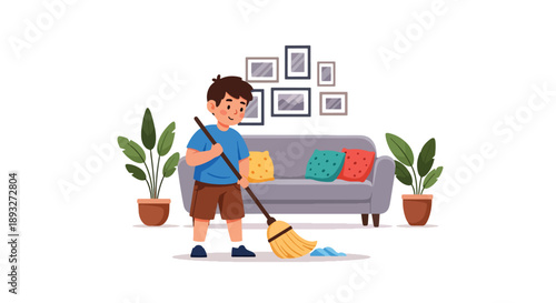 Independent little boy sweeping the living room floor, modern flat vector illustrating good habits and caring for a clean home environment