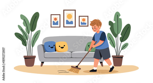 Independent little boy sweeping the living room floor, modern flat vector illustrating good habits and caring for a clean home environment