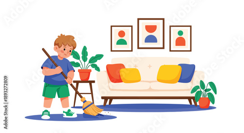 Independent little boy sweeping the living room floor, modern flat vector illustrating good habits and caring for a clean home environment
