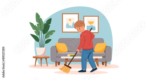Independent little boy sweeping the living room floor, modern flat vector illustrating good habits and caring for a clean home environment