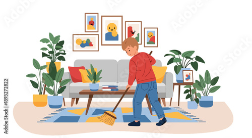 Independent little boy sweeping the living room floor, modern flat vector illustrating good habits and caring for a clean home environment