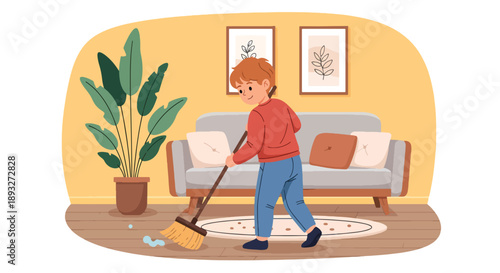 Independent little boy sweeping the living room floor, modern flat vector illustrating good habits and caring for a clean home environment