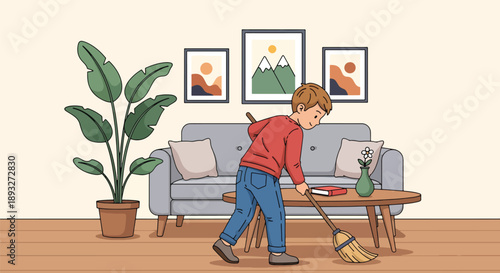 Independent little boy sweeping the living room floor, modern flat vector illustrating good habits and caring for a clean home environment