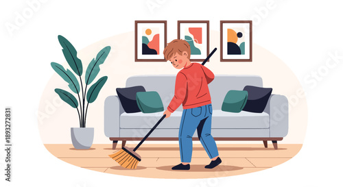 Independent little boy sweeping the living room floor, modern flat vector illustrating good habits and caring for a clean home environment