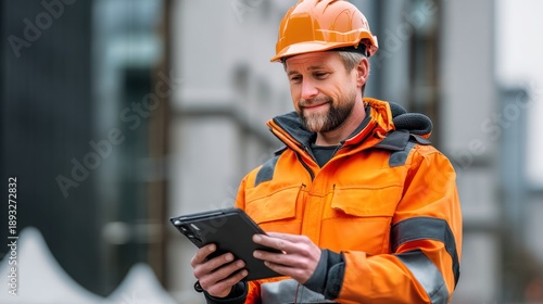 Construction worker using tablet checking project details
