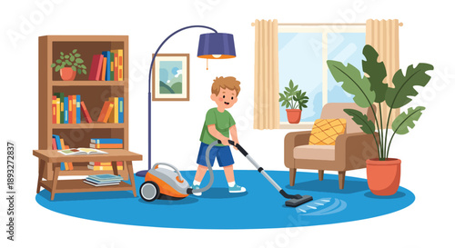 Independent little boy vacuuming the carpet at home, modern flat vector promoting good habits and self-discipline in daily chores