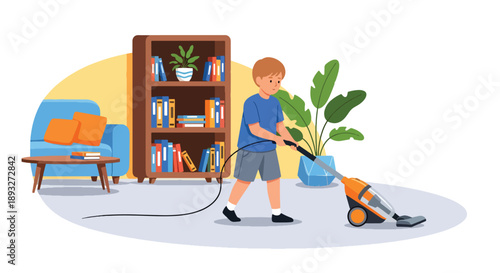 Independent little boy vacuuming the carpet at home, modern flat vector promoting good habits and self-discipline in daily chores