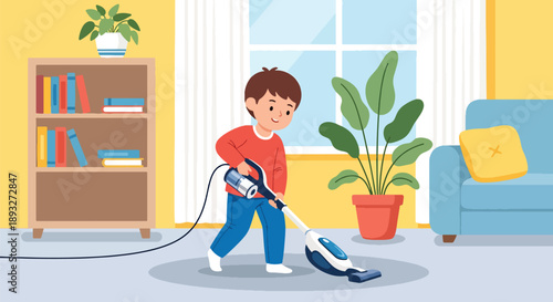 Independent little boy vacuuming the carpet at home, modern flat vector promoting good habits and self-discipline in daily chores