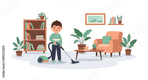 Independent little boy vacuuming the carpet at home, modern flat vector promoting good habits and self-discipline in daily chores