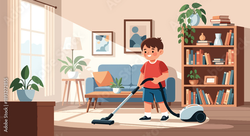 Independent little boy vacuuming the carpet at home, modern flat vector promoting good habits and self-discipline in daily chores