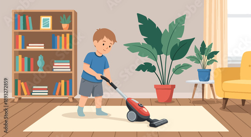 Independent little boy vacuuming the carpet at home, modern flat vector promoting good habits and self-discipline in daily chores