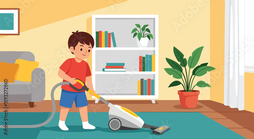 Independent little boy vacuuming the carpet at home, modern flat vector promoting good habits and self-discipline in daily chores