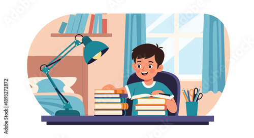 Independent little boy organizing books and school supplies, modern flat vector encouraging good habits and learning discipline at home