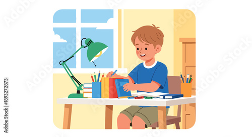 Independent little boy organizing books and school supplies, modern flat vector encouraging good habits and learning discipline at home