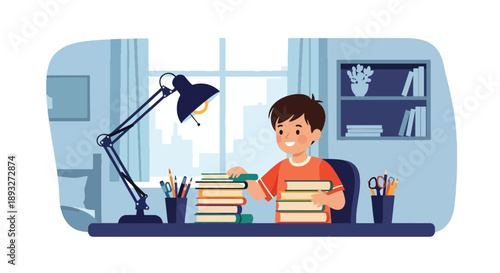 Independent little boy organizing books and school supplies, modern flat vector encouraging good habits and learning discipline at home