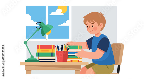 Independent little boy organizing books and school supplies, modern flat vector encouraging good habits and learning discipline at home