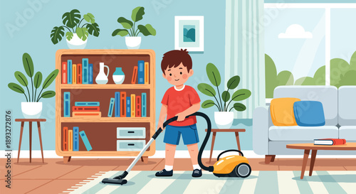 Independent little boy vacuuming the carpet at home, modern flat vector promoting good habits and self-discipline in daily chores
