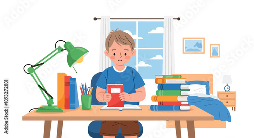 Independent little boy organizing books and school supplies, modern flat vector encouraging good habits and learning discipline at home