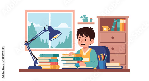 Independent little boy organizing books and school supplies, modern flat vector encouraging good habits and learning discipline at home