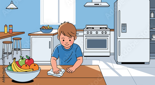 Independent little boy wiping the kitchen table, modern flat vector illustrating good habits, cleanliness, and home responsibility