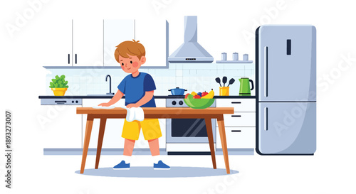 Independent little boy wiping the kitchen table, modern flat vector illustrating good habits, cleanliness, and home responsibility