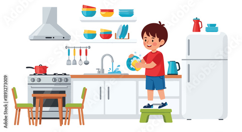 Independent little boy washing dishes at the sink, modern flat vector promoting good habits and responsible daily home routine