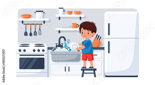 Independent little boy washing dishes at the sink, modern flat vector promoting good habits and responsible daily home routine