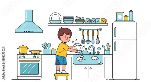Independent little boy washing dishes at the sink, modern flat vector promoting good habits and responsible daily home routine
