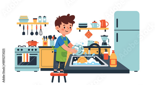 Independent little boy washing dishes at the sink, modern flat vector promoting good habits and responsible daily home routine